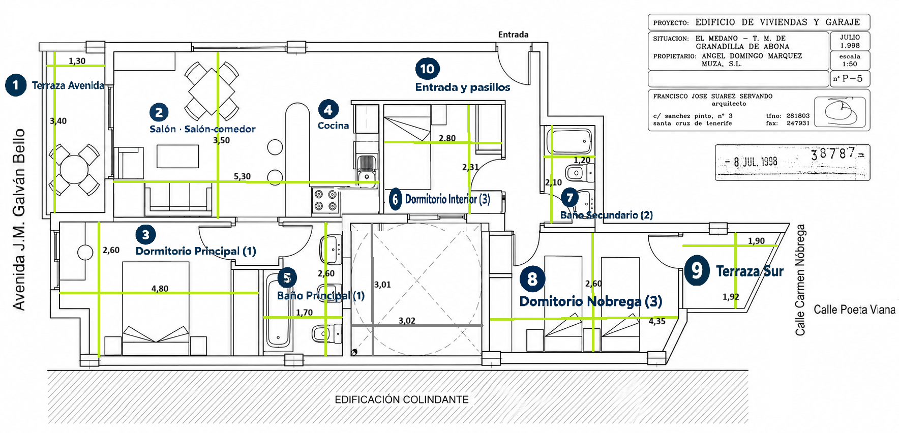 Plano de la vivienda con medidas y las diez estancias señaladas