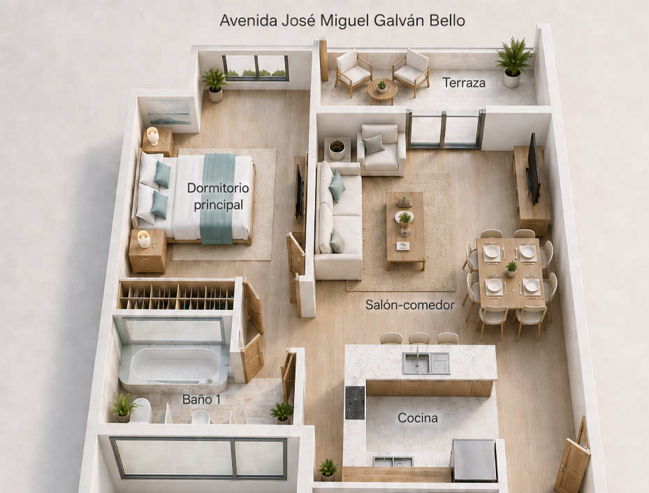Plano 01 con la parte de la vivienda hacia Avenida José Miguel Galván Bello